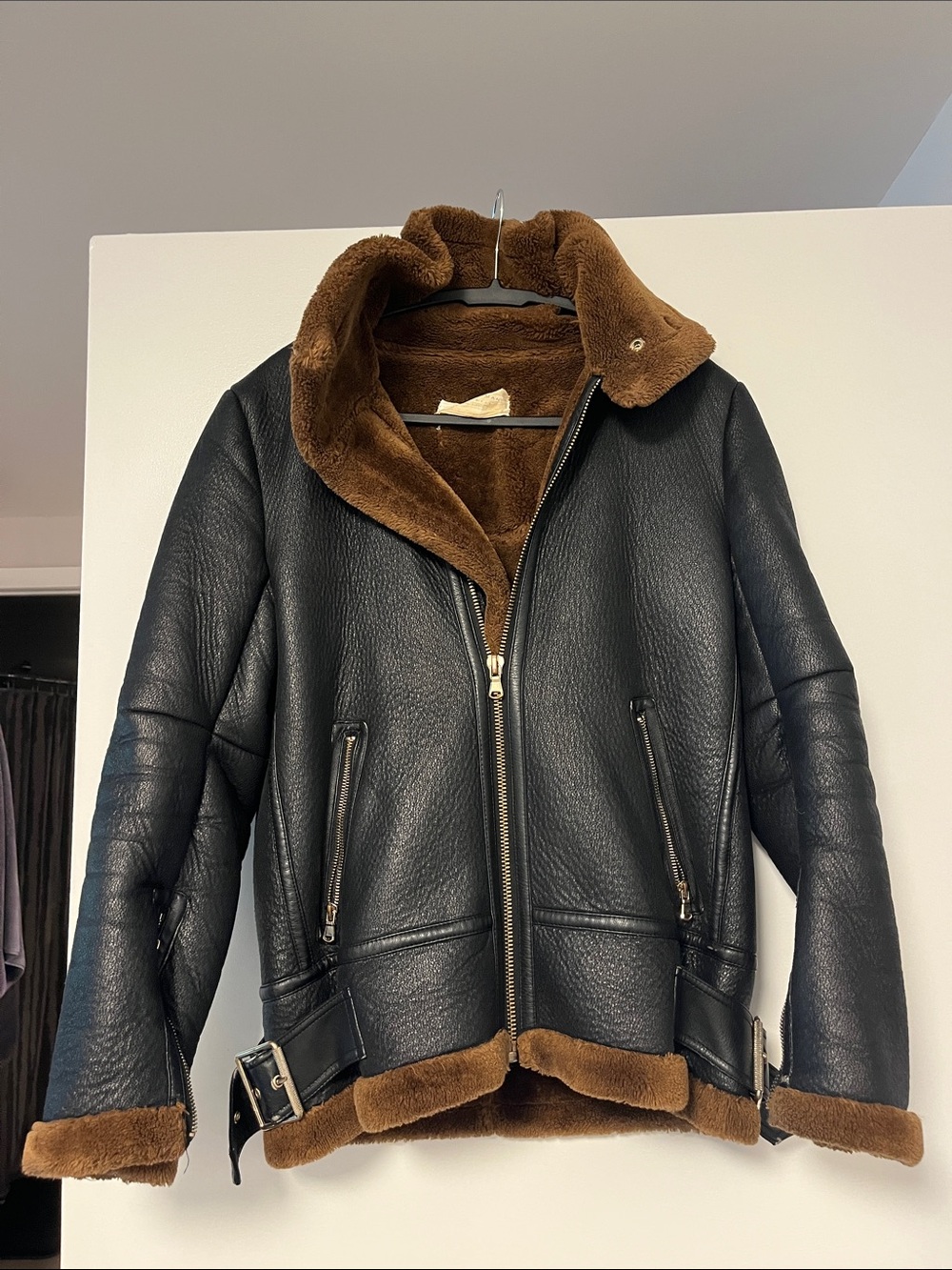 Zara Black Leather Jacket with Brown Shearling Lining